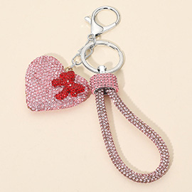 Bling Studded Bow Accent Heart Charm Wrist Strap Bag Charm Keychain