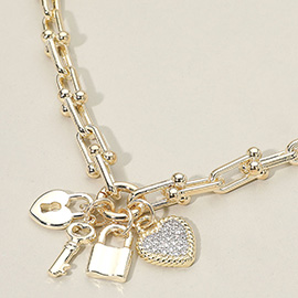 14K Gold Plated CZ Stone Paved Heart Key Lock Charm Industrial Link Chain Necklace