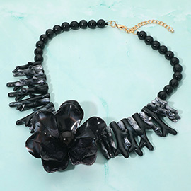 Bold Marbled Resin Flower Centerpiece Sculpted Coral Beaded Statement Necklace