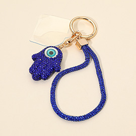 Bling Studded Evil Eye Hamsa Hand Charm Keychain Bag Charm Phone Holder