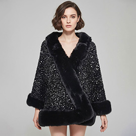 Festive Sequin Faux Fur Trim Shawl Poncho