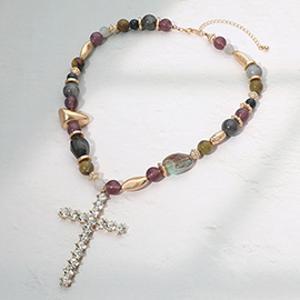 Bold Stone Cluster Cross Pendant Accent Multi Pebble Beaded Statement Necklace