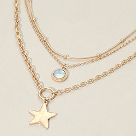 Star Charm Round Opal Pendant Accent Layered Necklace
