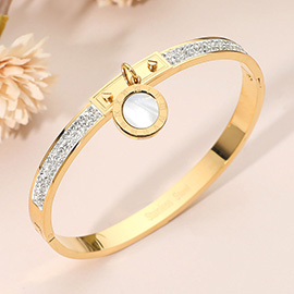 Stainless Steel Round Mother of Pearl Charm Accent CZ Stone Paved Hinged Bangle Bracelet