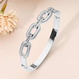 Stainless Steel CZ Stone Paved Bar Accent Textured Chain Link Hinged Bangle Bracelet