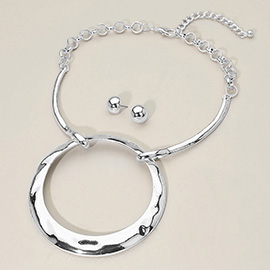 Bold Modern Hammered Metal Circle Pendant Accent Statement Necklace