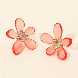 Round Center Stone Accent Transparent Resin Petal Flower Earrings