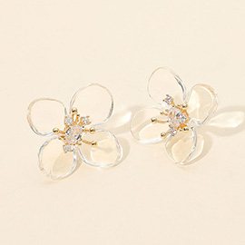 Rhinestone Accent Transparent Resin Petal Flower Earrings