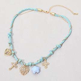 Cross Heart Ceramic Heart Charm Station Braid Chain Wrap Necklace