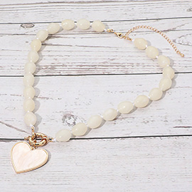 Mother of Pearl Heart Pendant Marbled Pebble Beaded Necklace