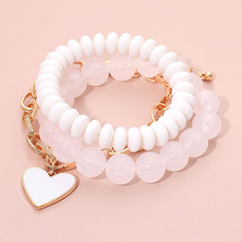 3PCS - Enamel Heart Charm Chain Stretch Beaded Multi Layered Bracelets