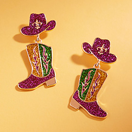 Enamel Glitter Mardi Gras Western Hat Boot Drop Dangle Earrings