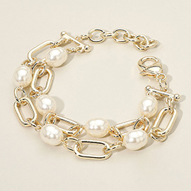 14K Gold Plated Double Strand Pearl Link Accent Bracelet
