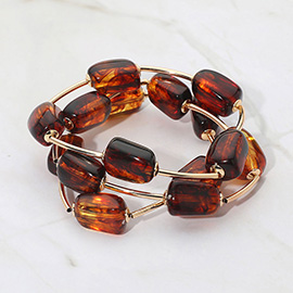 3PCS - Speckled Resin Pebble Metal Bar Beaded Stretch Multi Layered Bracelets