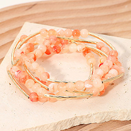 5PCS -Round Ball Curved Textured Bar Beaded Stretch Multi Layered Bracelets