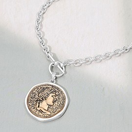 Two Tone Metal Coin Toggle Pendant Necklace