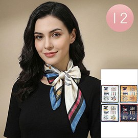 12PCS - Silky Feel Elegant Pattern Printed Square Scarves
