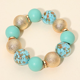 Wooden Textured Metal Resin Ball Beaded Stretch Bracelet