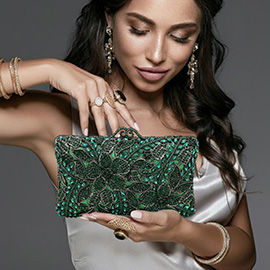 Crystal Rhinestone Embellished Floral Frame Evening Clutch Shoulder Bag
