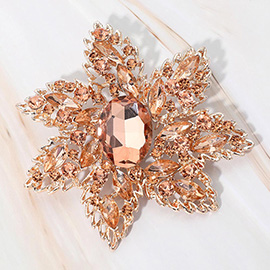 Oval Stone Center Rhinestone Studded Floral Statement Pin Brooch