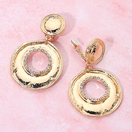 Rhinestone Accent Textured Metal Ring Drop Clip On Earrings