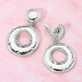 Rhinestone Accent Textured Metal Ring Drop Clip On Earrings