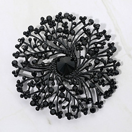 Round Stone Centered Rhinestone Embellished Branch Flower Pin Brooch