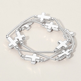 3PCS - Metal Cross Station Stretch Multi Layered Bracelets
