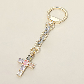14K Gold Plated Colorful CZ Stone Cross Charm Drop Keychain Bag Charm