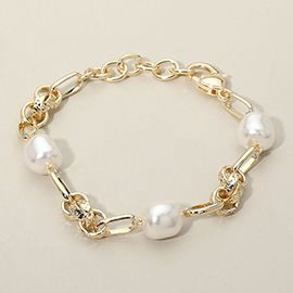 14K Gold Plated Pearl Station Abstract Chain Link Bracelet