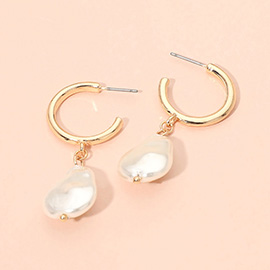 Organic Shape Pearl Drop Hoop Earrings