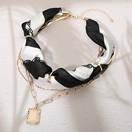 Rectangular Stone Pendant Accent Layered Fabric Scarf Necklace