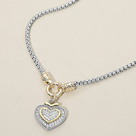 14K Gold Plated Two Tone CZ Stone Paved Heart Pendant Necklace