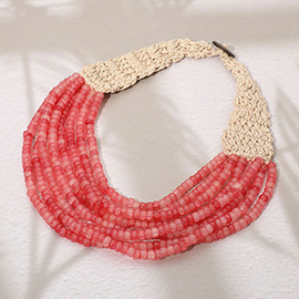 Woven Detail Multi Strand Beaded Collar Statement Necklace