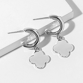 White Gold Dipped Quatrefoil Charm Drop Dangle Mini Hoop Earrings