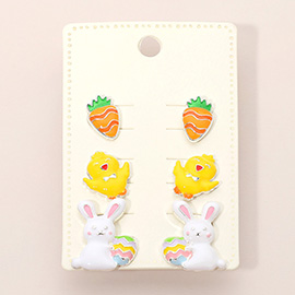 3Pairs - Enamel Easter Bunny Chick Carrot Stud Earring Set