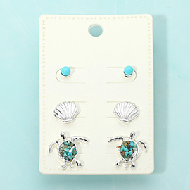 3Pairs - Sea Shell Sea Turtle Stud Earring Set