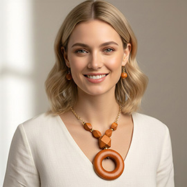 Geometric Wooden Pendant Statement Necklace