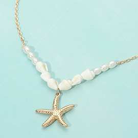 Textured Metal Starfish Charm Pendant Pearl Beaded Necklace