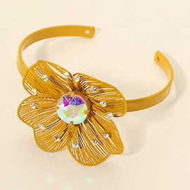 Bold Stone Accent Cutout Flower Accent Cuff Bracelet