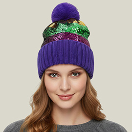 Mardi Gras Sequin Pom Pom Winter Beanie Hat