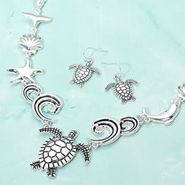 Antique Metal Sea Turtle Starfish Shell Dolphin Whale Tale Charm Link Statement Necklace