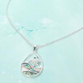 Abalone Sea Turtle Wave Teardrop Pendant Necklace