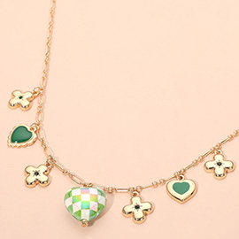 Heart Flower Motif Charm Station Necklace