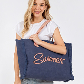SUMMER Message Embroidered Fringe Canvas Tote Beach Bag