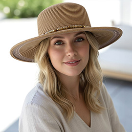 Beaded Band Shimmer Straw Wide Brim Summer Sun Hat