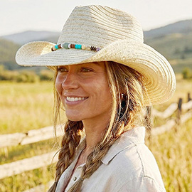 Stone Wood Beaded Band Summer Straw Cowboy Hat