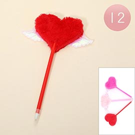 12PCS - Fuzzy Plush Heart with Wing Tip Ball Pens