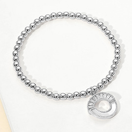 Stainless Steel CZ Pave Mother of Pearl Detail Open Circle Charm Beaded Stretch Bracelet