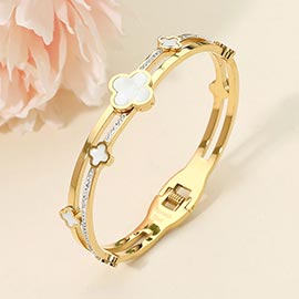 Stainless Steel Mother of Pearl Quatrefoil CZ Stone Split Hinged Bangle Bracelet